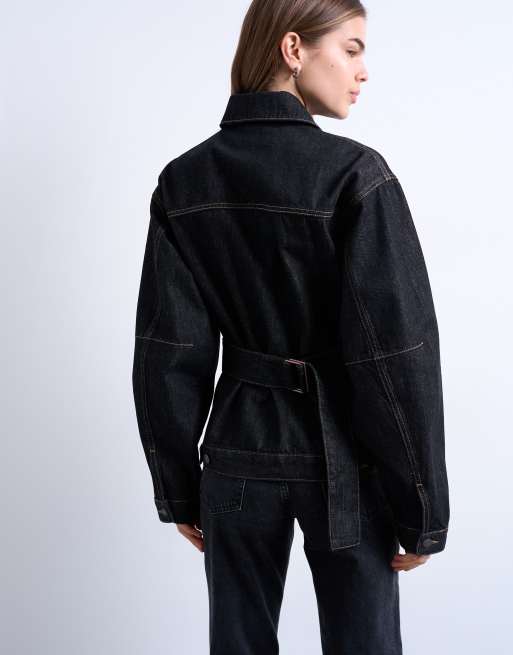 Topshop – Taillierte Denim-Hemdjacke in Schwarz mit Details in Ecru, 2 von 4