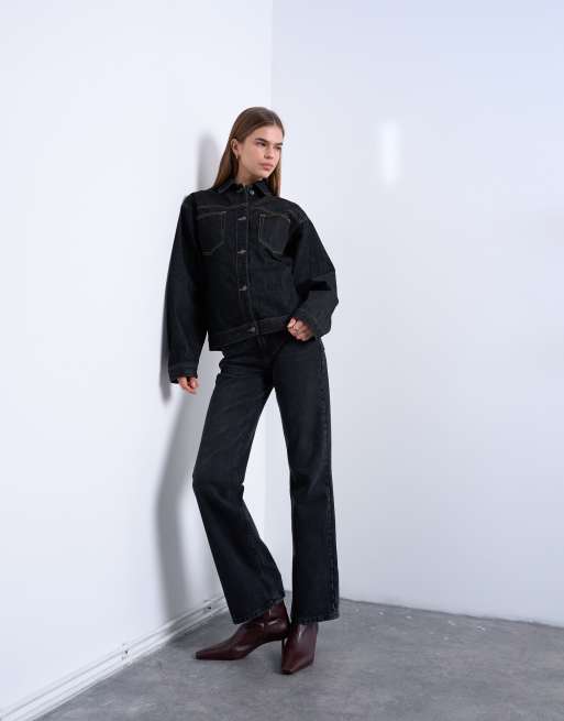 Topshop – Taillierte Denim-Hemdjacke in Schwarz mit Details in Ecru, 3 von 4