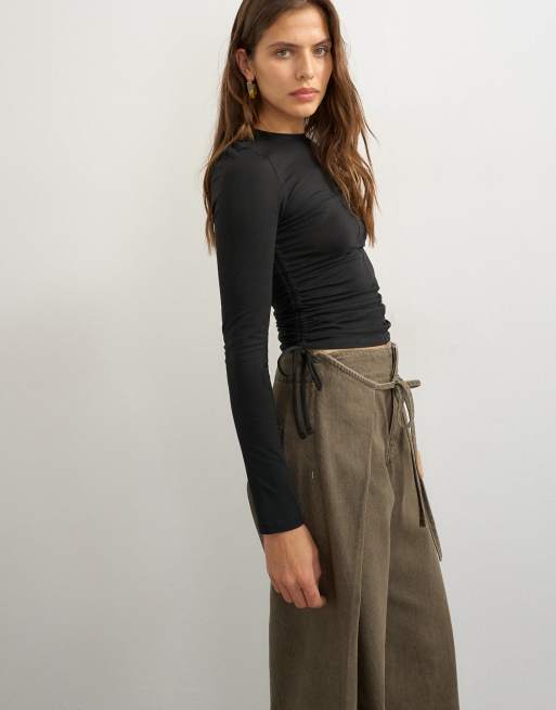 Topshop taillierte Jeans mit Wickeloptik und Bindeband in Olive, 3 von 5