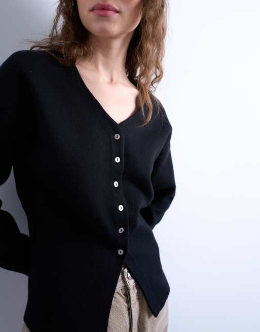 Topshop – Taillierte Longline-Strickjacke aus kompaktem Strick in Schwarz mit V-Ausschnitt, 2 von 4
