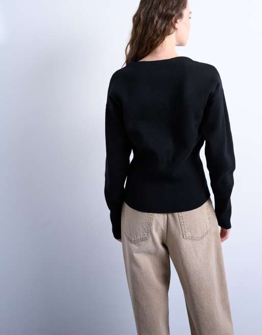 Topshop – Taillierte Longline-Strickjacke aus kompaktem Strick in Schwarz mit V-Ausschnitt, 4 von 4