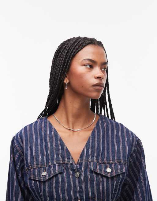 Topshop – Tailliertes Jeanshemd in Indigoblau mit roten Streifen, 2 von 4
