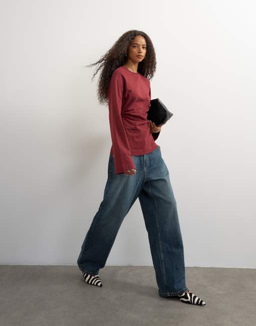 Topshop tailliertes Langarm-Raglan-T-Shirt in verwaschenem Burgunderrot, 2 von 4