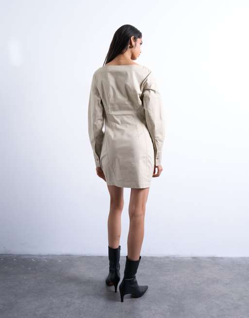 Topshop – Tailliertes Minikleid in Taupe mit ovalen Ärmeln und U-Boot-Ausschnitt, 2 von 4