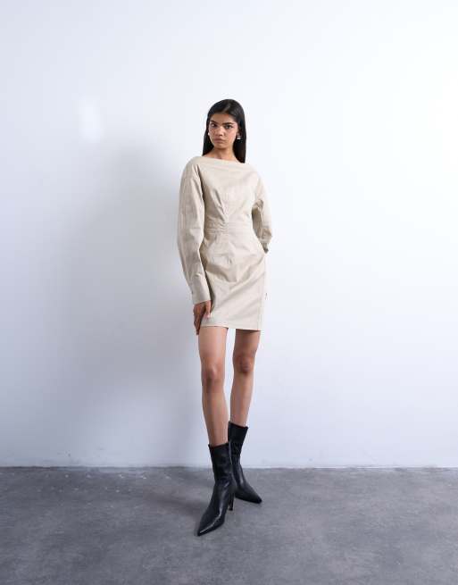 Topshop – Tailliertes Minikleid in Taupe mit ovalen Ärmeln und U-Boot-Ausschnitt, 4 von 4