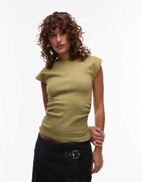 Topshop – Tailliertes Top in hellem hellem Khaki mit Strukturmuster - view 1