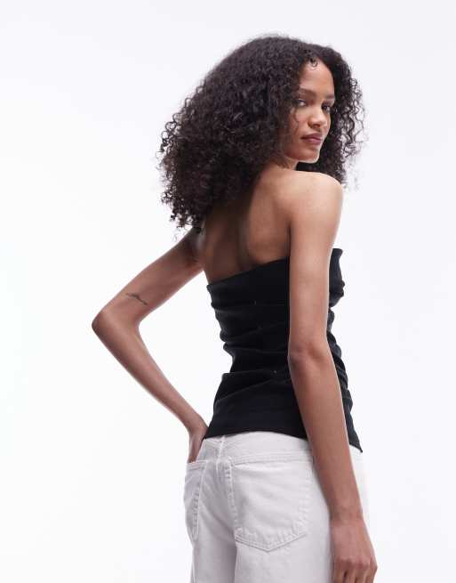 Topshop – Tailliertes, trägerloses Oberteil in Schwarz mit Ziernaht, 4 von 4