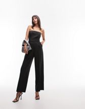 ASOS LUXE Curve satin corsage plunge neck wide leg jumpsuit in