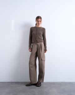 Model wearing Tailored barrel leg cargo trouser in taupe