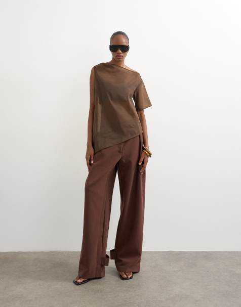 Topshop tailored barrel leg tab detail pants in brown - view 1