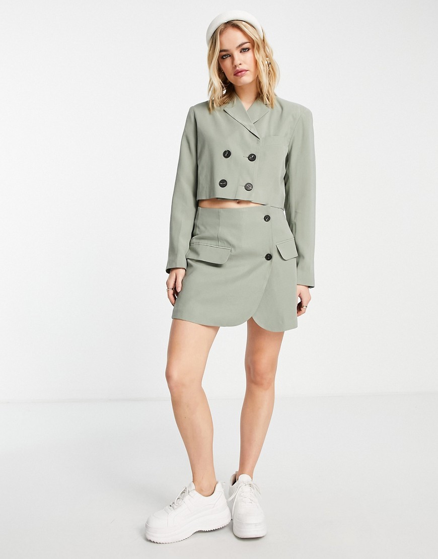 Topshop Tailored co ord button wrap mini skirt in sage-Green
