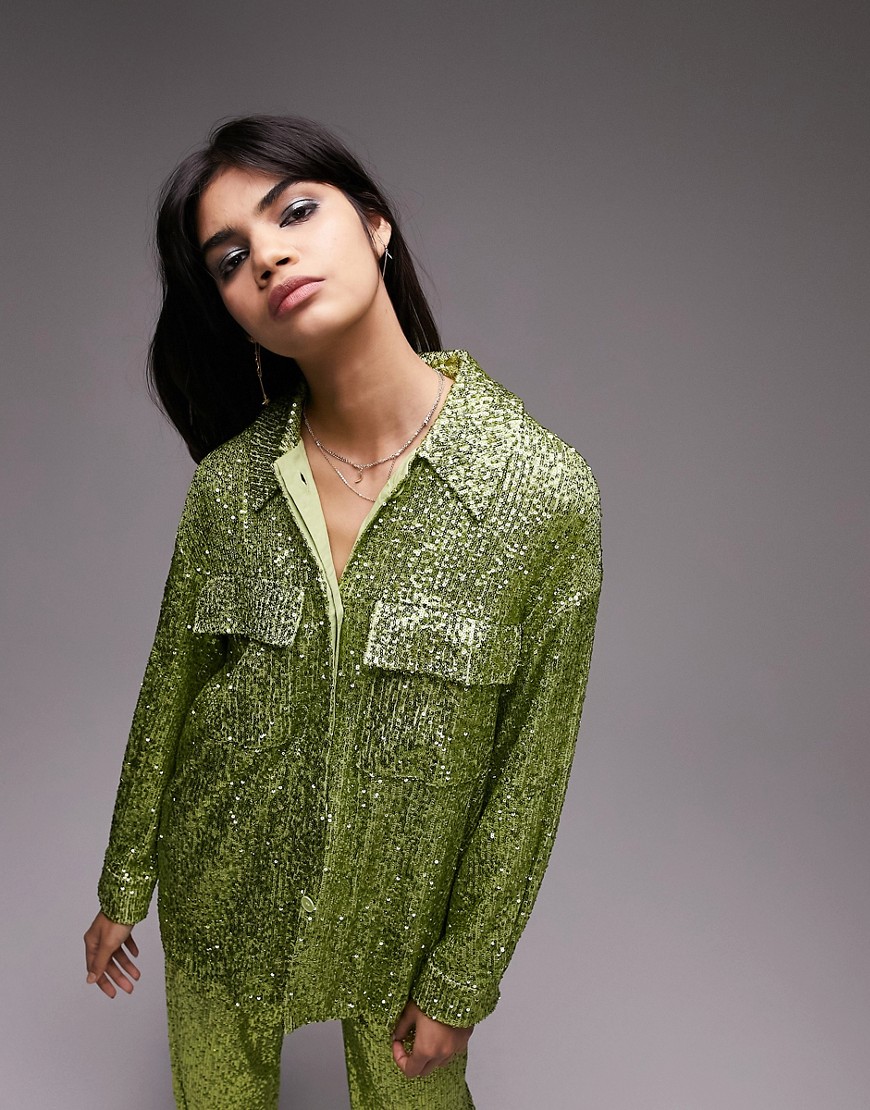 Topshop Tailored co-ord mini sequin shacket in kiwi-Green