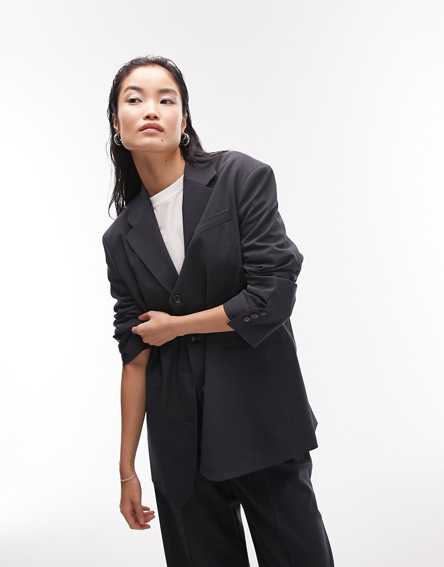 Topshop Tailored co-ord oversized blazer with twisted sleeve in petrol-Black