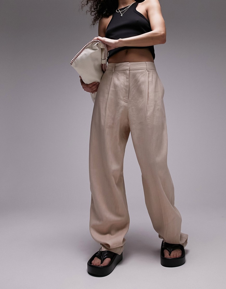 Topshop Tailored co-ord peg leg linen-blend trouser in stone-Neutral