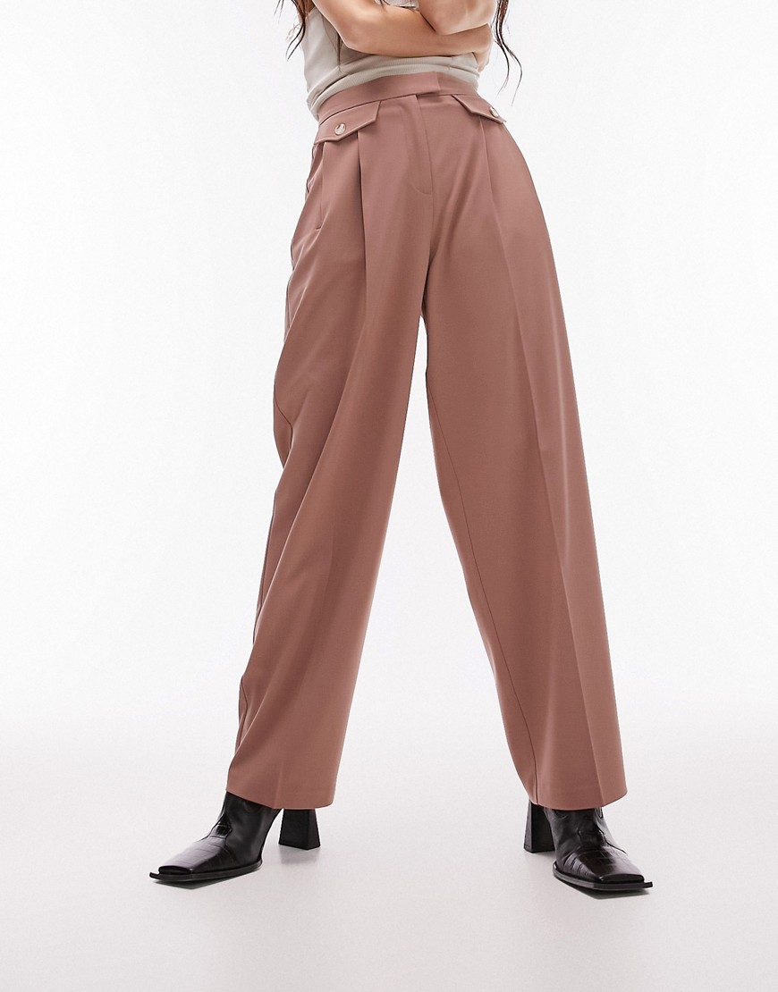 Topshop Tailored co-ord slouch peg-leg trouser with button flap in pink