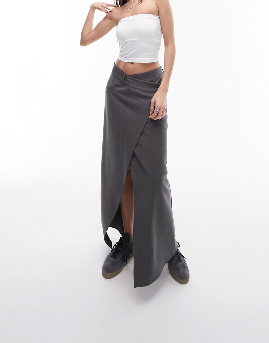 Topshop tailored cross over maxi skirt in gray
