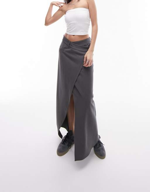 Best high street Maxi skirts. Topshop grey tailored cross over maxi skirt with front opening. 