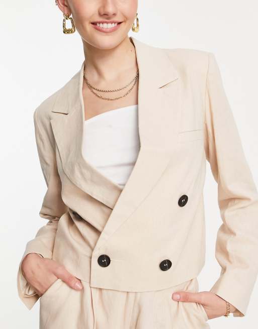 Topshop Tailored double breasted linen blend blazer in stone (part of a set), 4 of 4