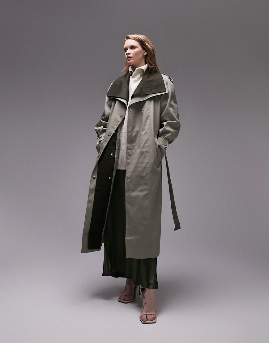 Topshop Tailored double layered funnel neck trench in sage-Multi