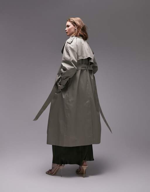 Topshop Tailored double layered funnel neck trench in sage | ASOS