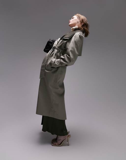 Topshop Tailored double layered funnel neck trench in sage | ASOS