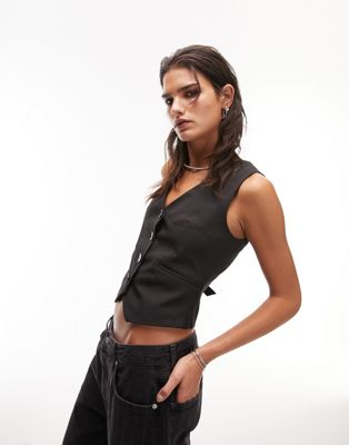 Topshop tailored fitted waistcoat with back tab in black - ASOS Price Checker