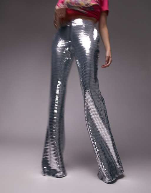 Topshop tailored flat sequin flare pants in silver blue 