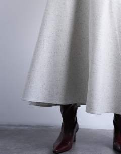 Model wearing Tailored full circle a line maxi skirt in grey