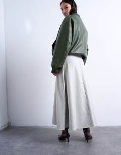 Model wearing Tailored full circle a line maxi skirt in grey