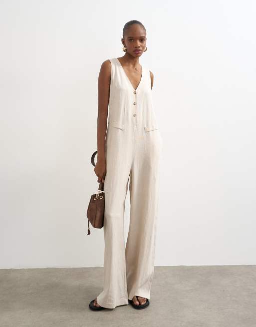 Topshop tailored linen blend jumpsuit in neutral, 4 of 4