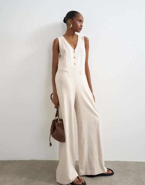 Topshop tailored linen jumpsuit in neutral - view 1