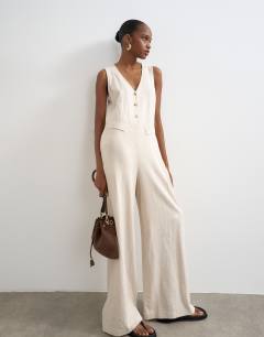 Tailored linen jumpsuit in neutral