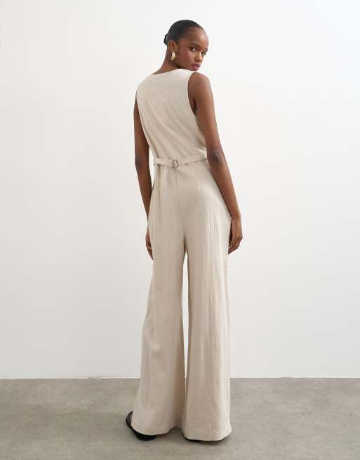 Topshop tailored linen jumpsuit in neutral, 2 of 4