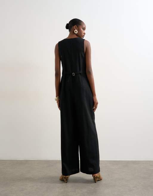 Topshop tailored linen mix jumpsut in black, 2 of 4