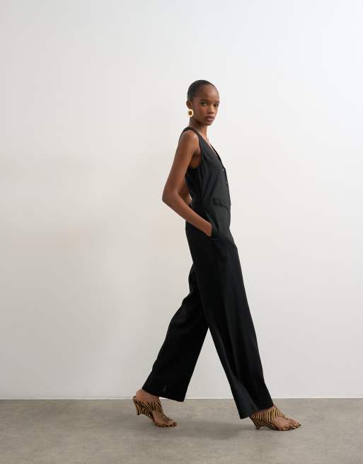 Topshop tailored linen mix jumpsut in black, 4 of 4
