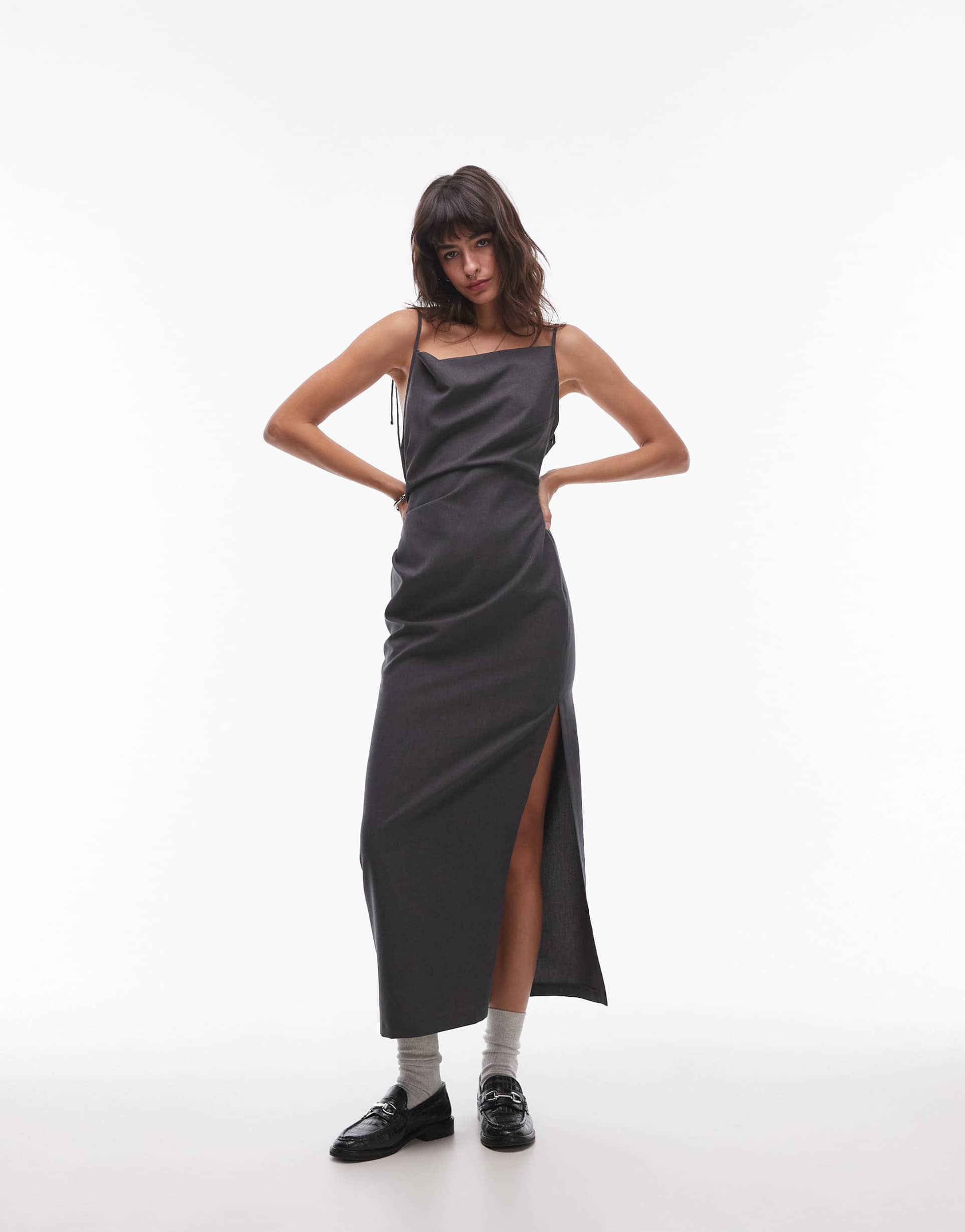 topshop tailored midi slip cowl neck dress in gray