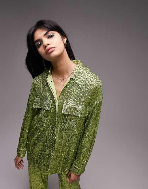 Topshop Tailored mini sequin shacket in kiwi - part of a set 