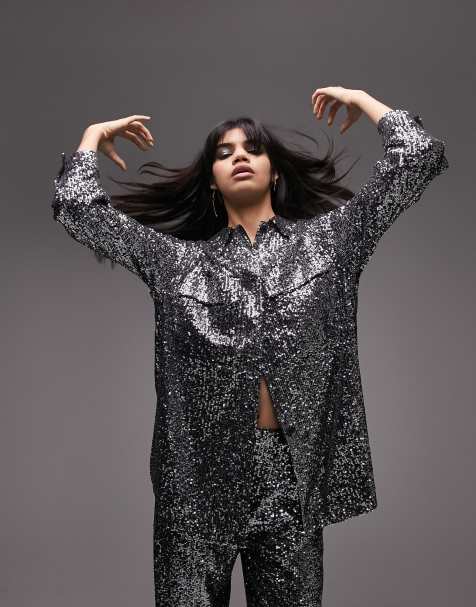 Topshop Tailored mini sequin shacket in silver (part of a set) - view 1