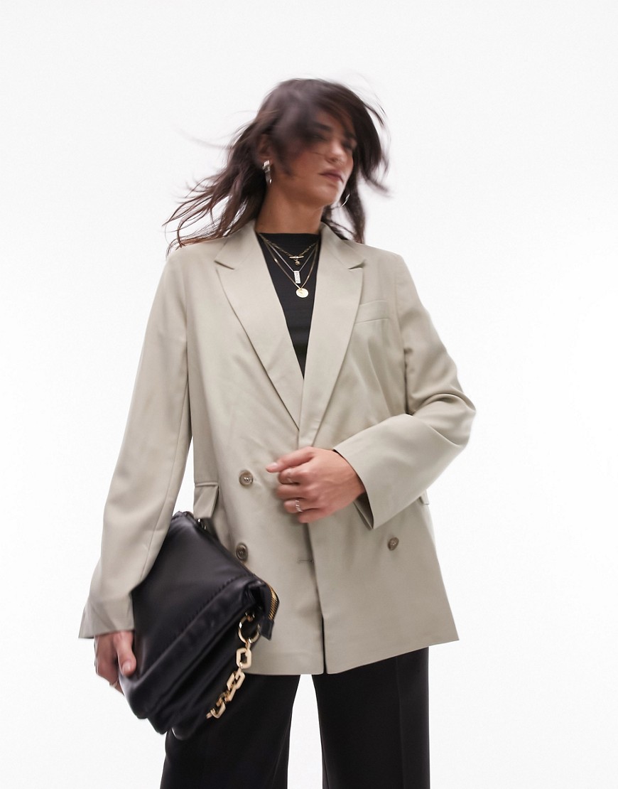 Topshop Tailored oversized double breasted blazer in stone-Neutral