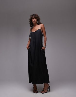 Topshop tailored pinstripe midi slip dress-Black