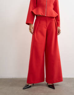 Model wearing Tailored pleat detail low rise wide leg trousers in red