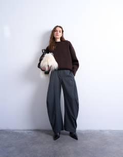 Model wearing Tailored stripe barrel leg trouser in grey