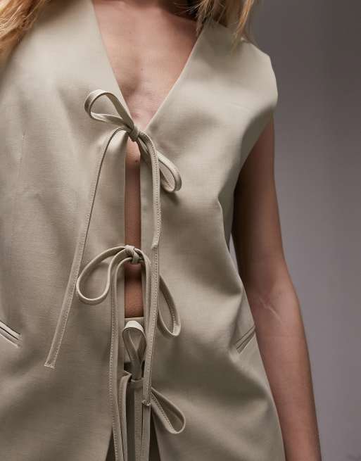 Topshop tailored tie front waistcoat in sand (part of a set), 3 of 4