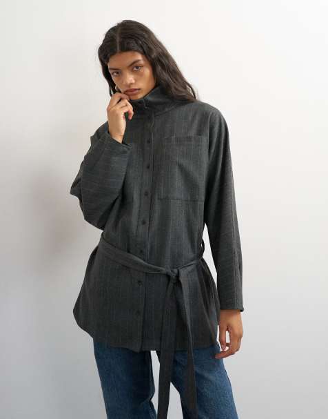 Topshop tailored tie waist funnel neck shirt in grey pinstripe - view 1