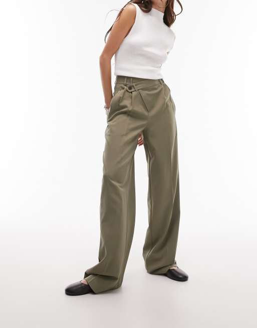 Topshop tailored wrap over detail pants in dark khaki - part of a