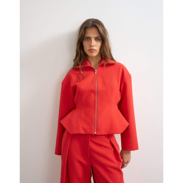 Topshop tailored zip up peplum top in red | ASOS
