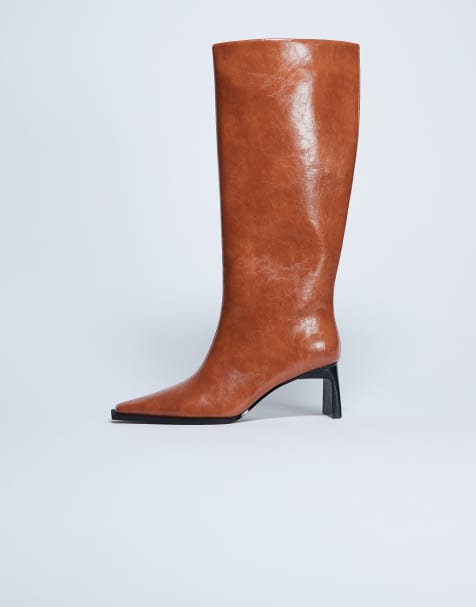 Topshop Talia chisel toe knee high boot in tan - view 1