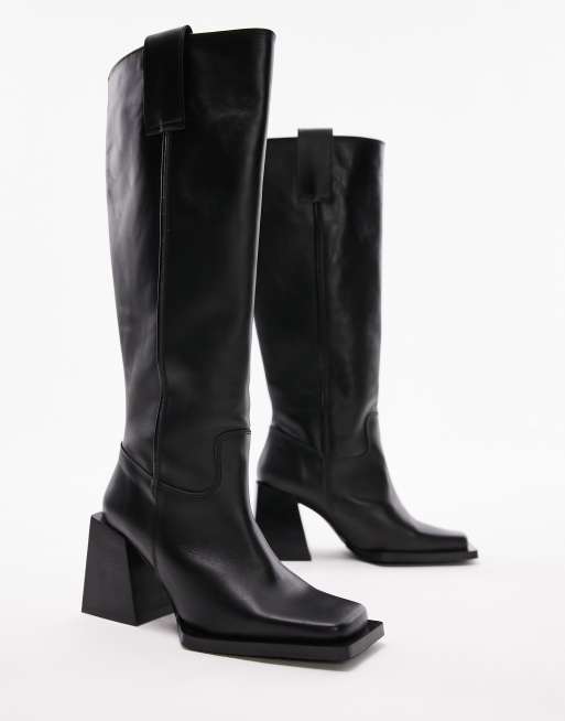 Topshop Talia premium leather square toe knee boot in black