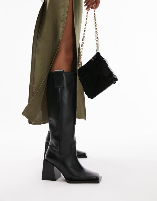 Topshop Talia premium leather square toe knee boot in black