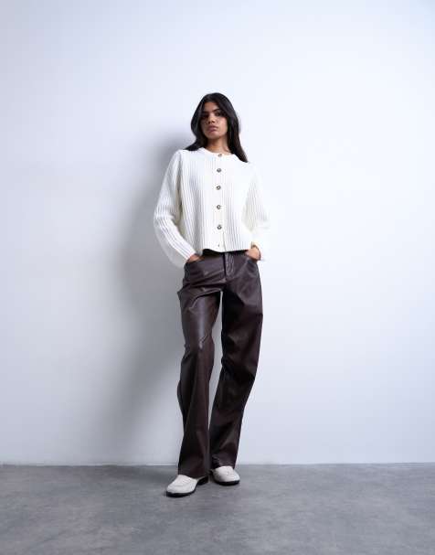 Topshop faux leather cinch trouser in brown